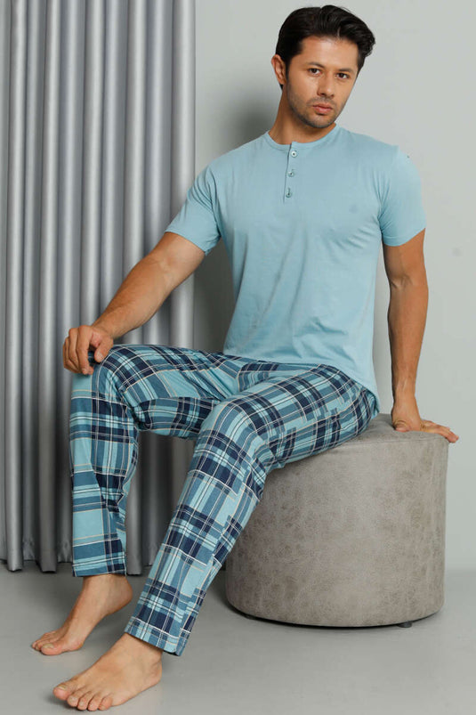 Ensemble pyjama à carreaux imprimés, manches courtes boutonnées, couleur menthe