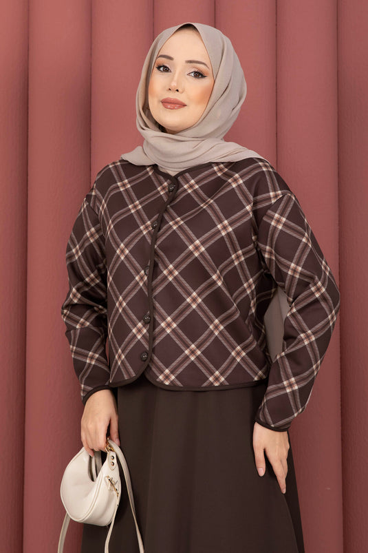 Ekose Croplu Jas Rok Set Bruin