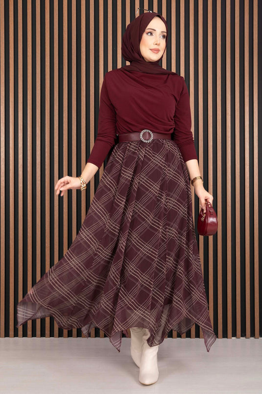 Asymmetric Cut Plaid Chiffon Skirt Burgundy
