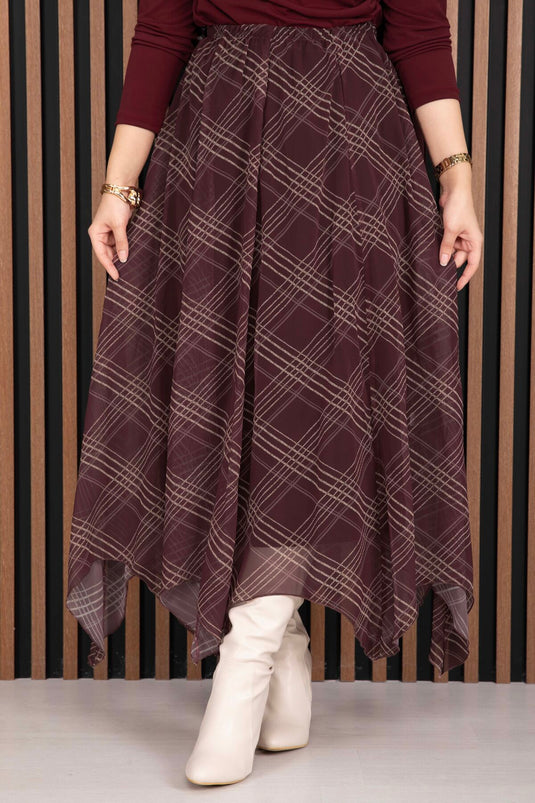 Asimetrik Kesim Ekose Şifon Etek  Bordo