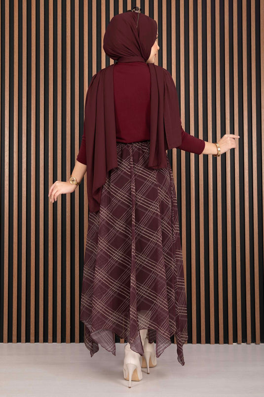 Asymmetric Cut Plaid Chiffon Skirt Burgundy