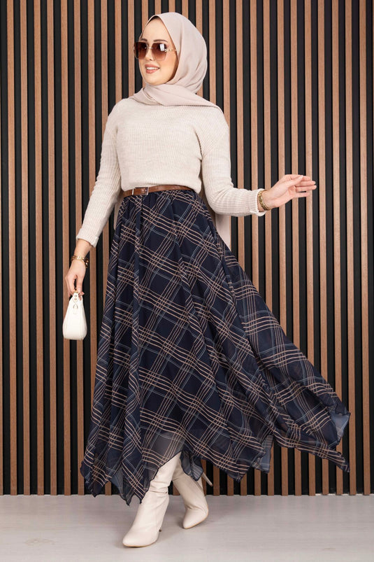 Asimetrik Kesim Ekose Şifon Etek Lacivert