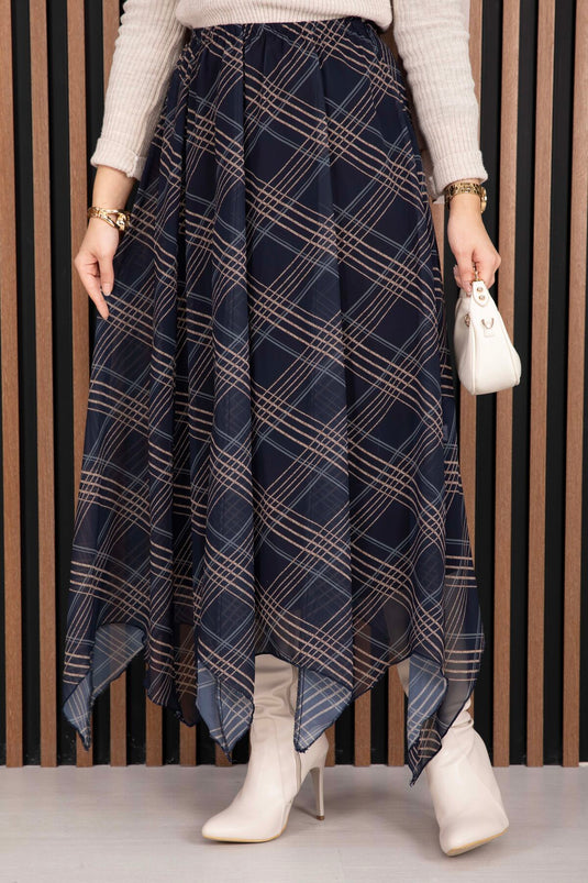 Asimetrik Kesim Ekose Şifon Etek Lacivert