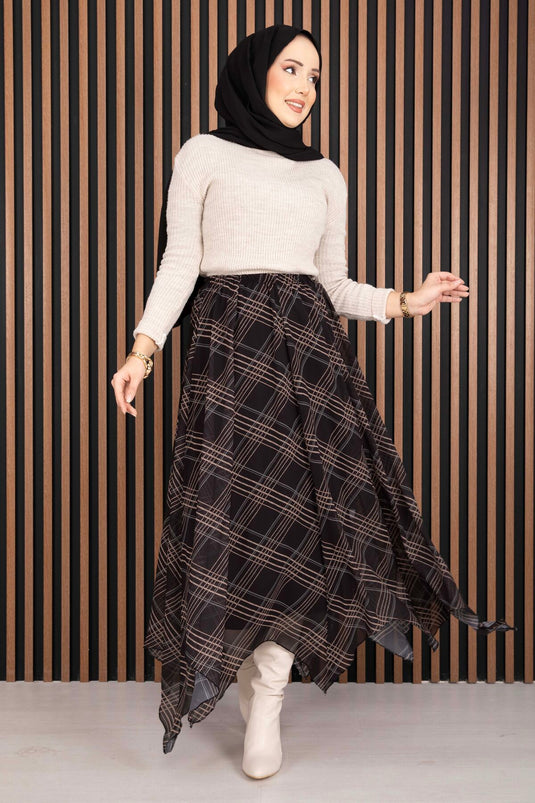 Asimetrik Kesim Ekose Şifon Etek  Siyah