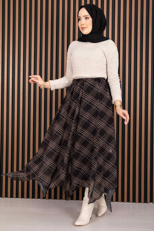 Asymmetric Cut Checked Chiffon Skirt Black