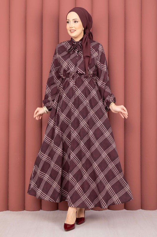 Plaid Pattern Gathered Waist Modest Dress Burgundy