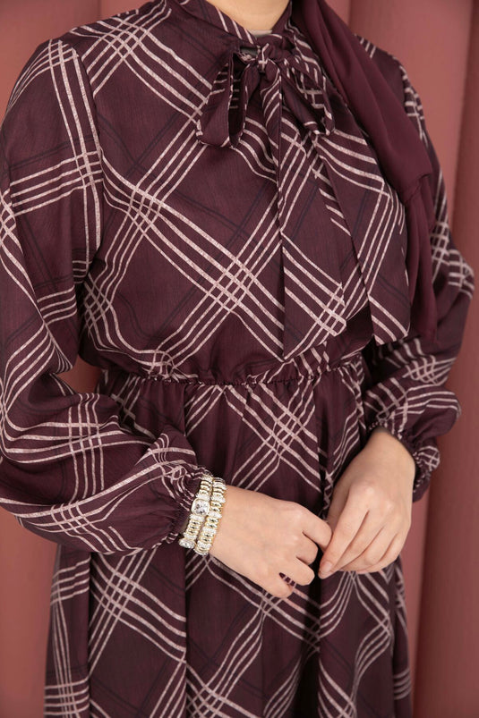 Ekose patroon taille met plooien modest kleding bordeaux