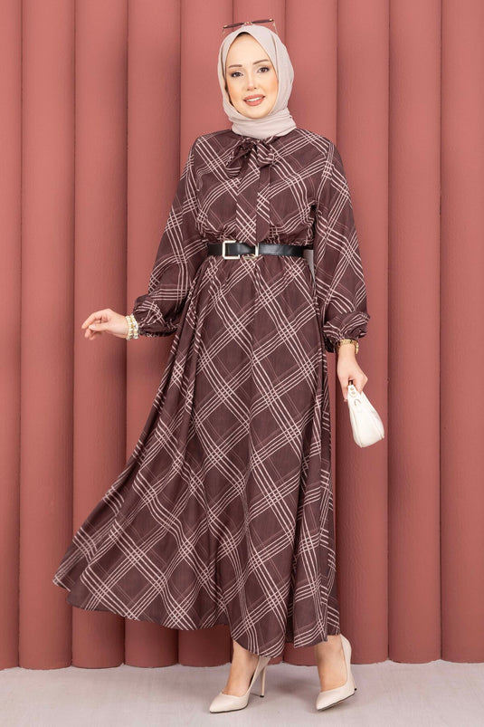 Plaid Pattern Gathered Waist Modest Dress Brown