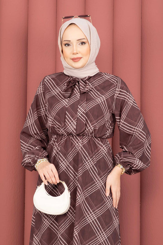 Plaid Pattern Gathered Waist Modest Dress Brown