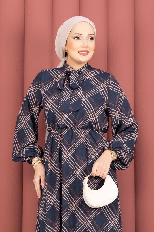 Plaid Pattern Gathered Waist Modest Dress Navy Blue