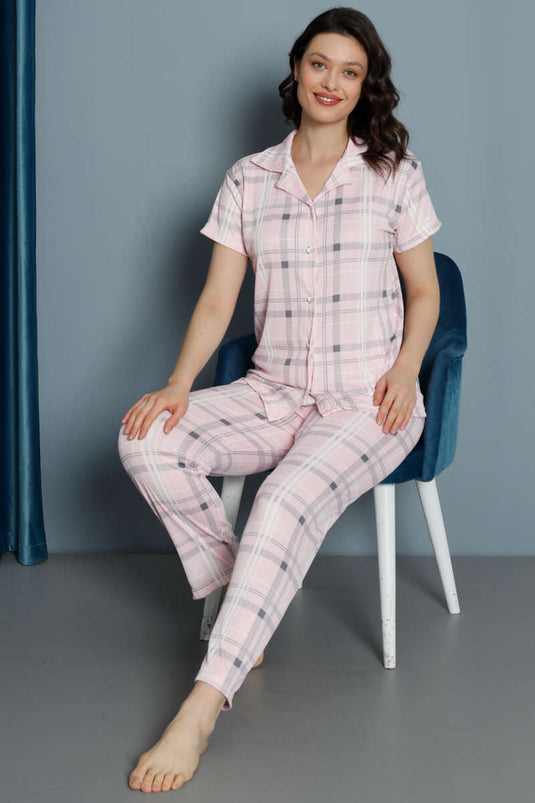 Plaid Pattern Buttoned Pajama Set Pink