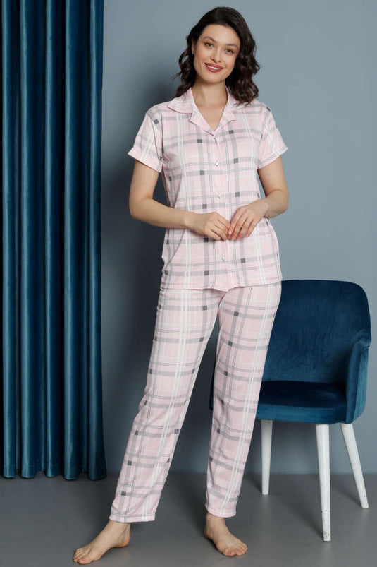 Plaid Pattern Buttoned Pajama Set Pink