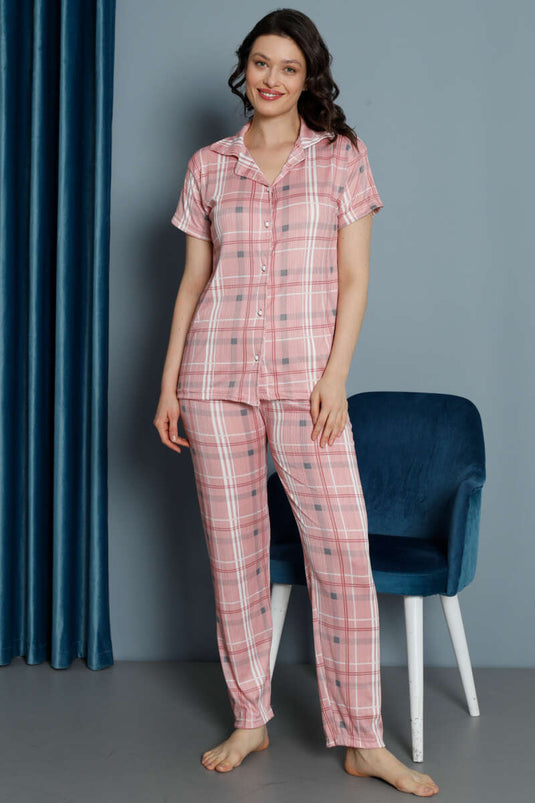 Plaid Pattern Buttoned Pajama Set Salmon