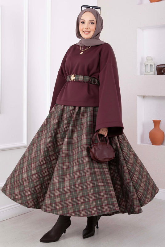 Ekose Desen Etek Bluz Kemerli Takım Bordo