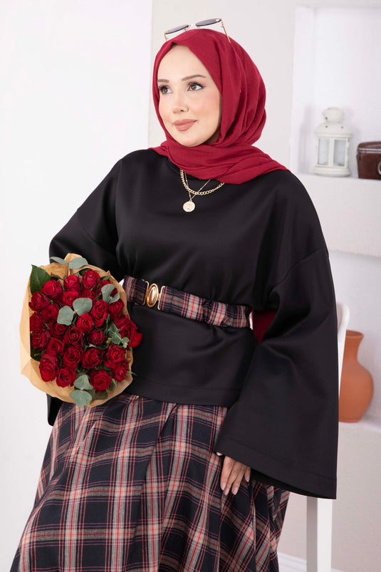 Ekose Desen Etek Bluz Kemerli Takım Siyah