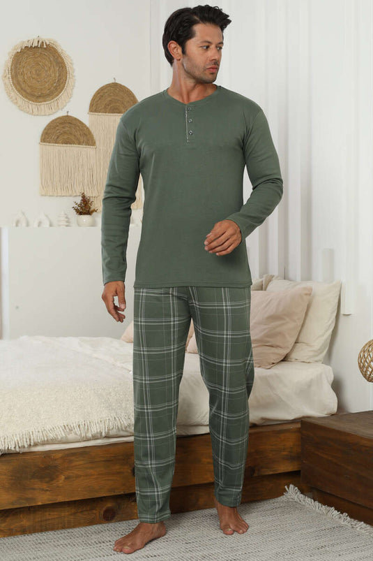 Plaid Pattern Interlock Men's Pajama Set Khaki