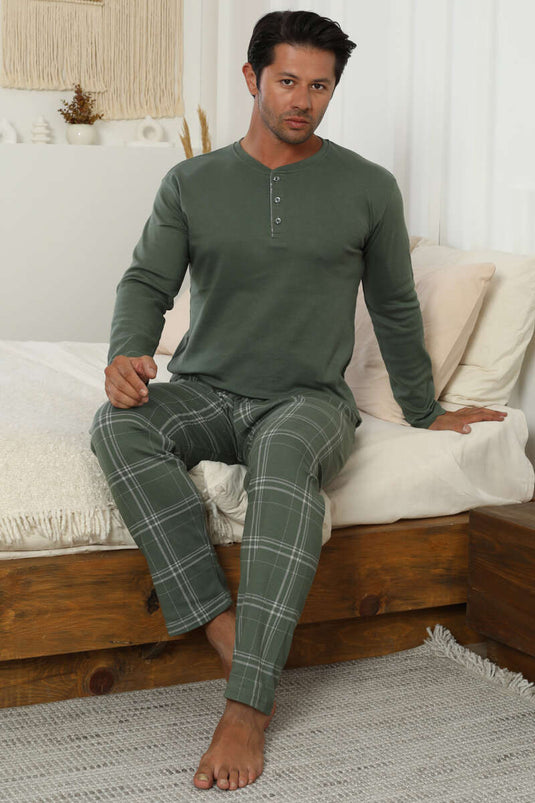 Plaid Pattern Interlock Men's Pajama Set Khaki