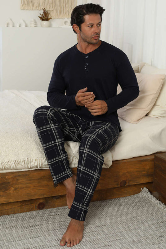 Plaid Pattern Interlock Men's Pajama Set Navy Blue