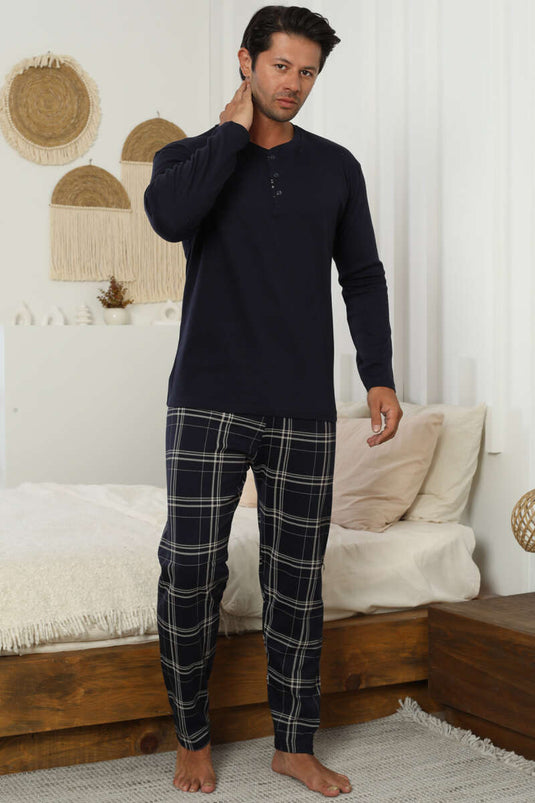 Plaid Pattern Interlock Men's Pajama Set Navy Blue