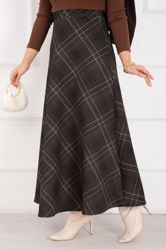 Scuba-Rock mit Karomuster, Kaffee