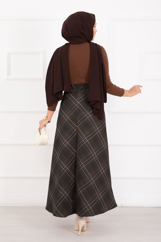 Scuba-Rock mit Karomuster, Kaffee