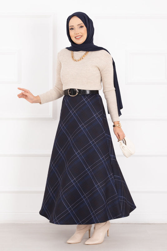 Plaid Scuba Skirt Navy Blue