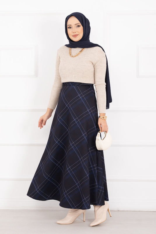 Plaid Scuba Skirt Navy Blue