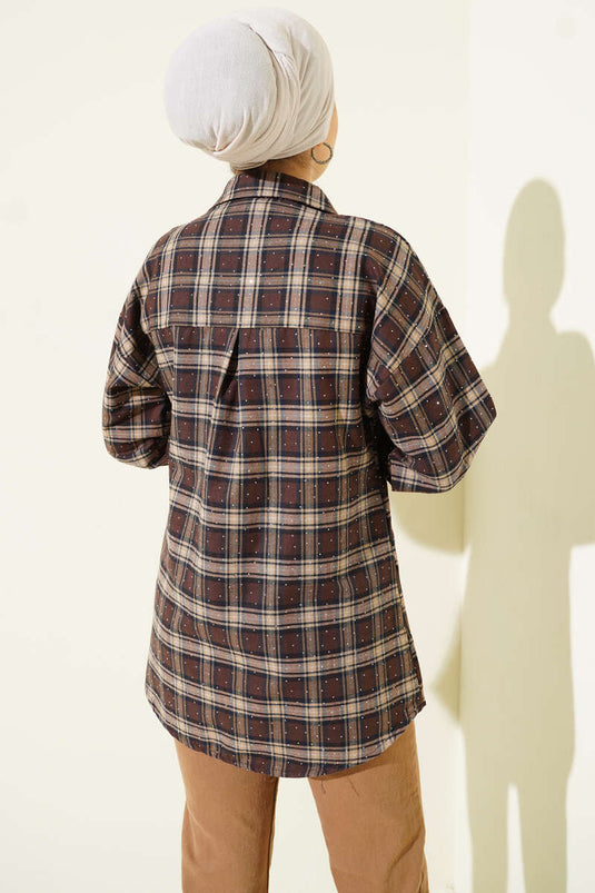 قميص مزخرف بحجارة إيكوز، بني داكن