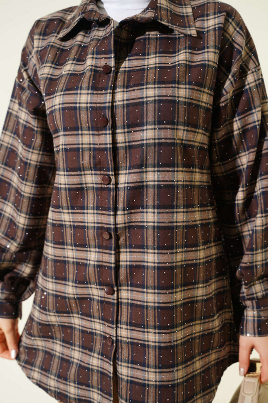 قميص مزخرف بحجارة إيكوز، بني داكن