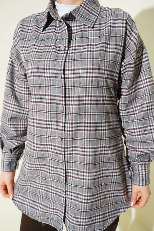 قميص مزخرف بحجارة إيكوزي رمادي