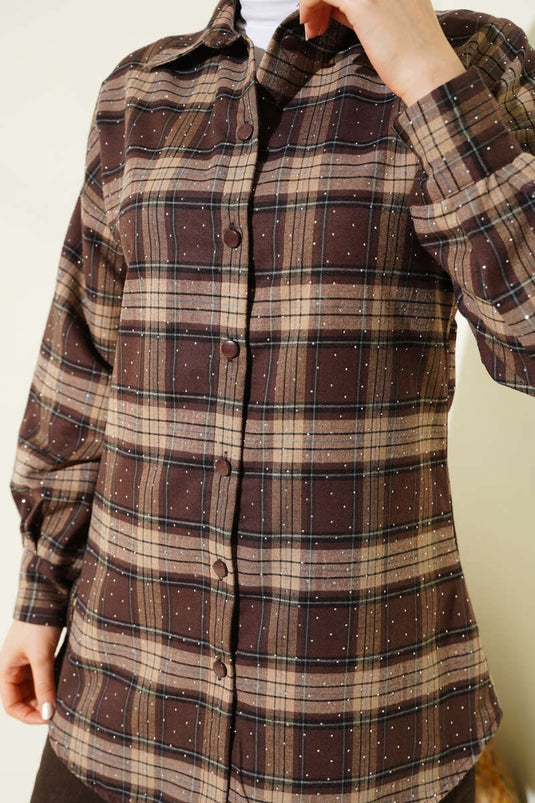 قميص مزخرف بحجارة إيكوزي بني