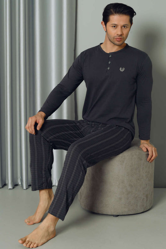 Ensemble de pyjama pour hommes à manches longues et demi-boutonnés à carreaux Anthracite