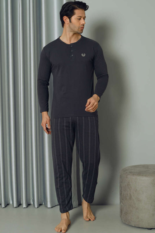 Ensemble de pyjama pour hommes à manches longues et demi-boutonnés à carreaux Anthracite