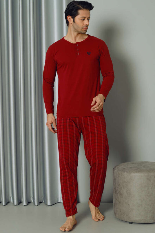 Ensemble de pyjama pour hommes à manches longues et à moitié boutonnés à carreaux Rouge Claret