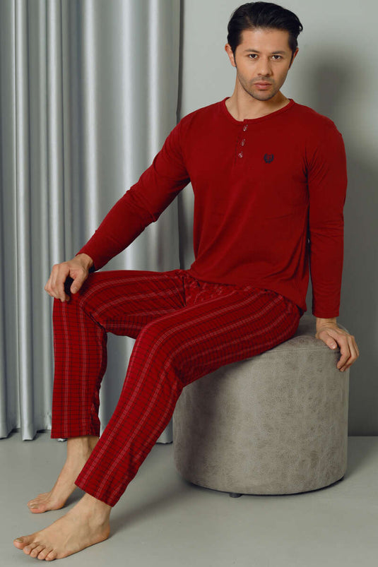 Ensemble de pyjama pour hommes à manches longues et à moitié boutonnés à carreaux Rouge Claret