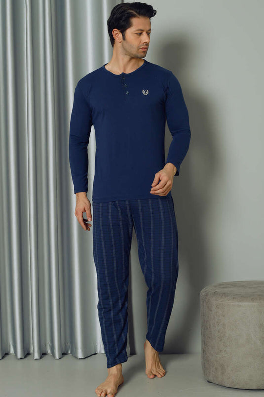 Langärmliges Herren-Pyjama-Set mit Karomuster, halb geknöpft, Indigo