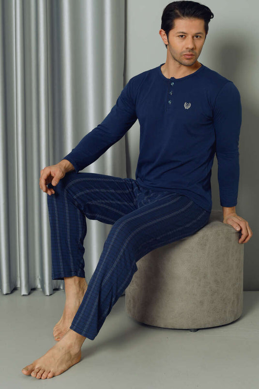 Ensemble de pyjama pour hommes à manches longues et à moitié boutonnés à carreaux Indigo