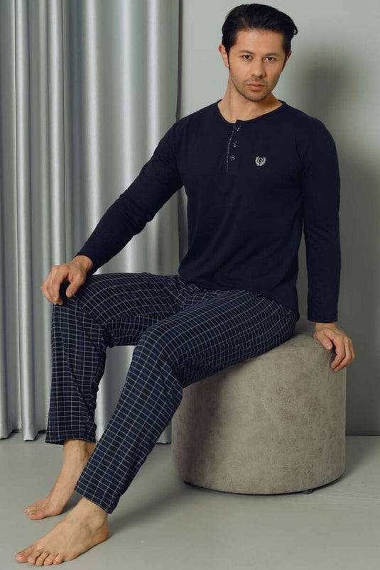 Ensemble de pyjama pour hommes à manches longues et à moitié boutonnés à carreaux bleu marine