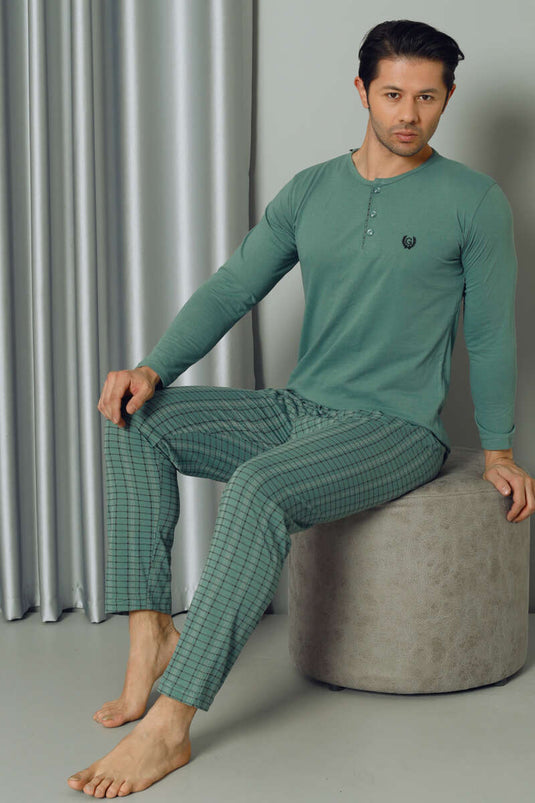 Ensemble de pyjama pour hommes à manches longues et à moitié boutonnés à carreaux vert