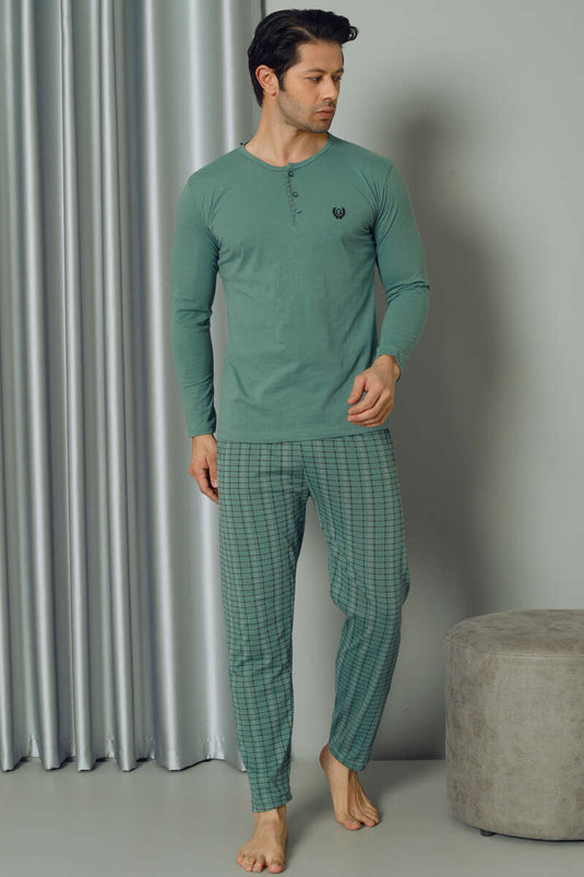 Ensemble de pyjama pour hommes à manches longues et à moitié boutonnés à carreaux vert