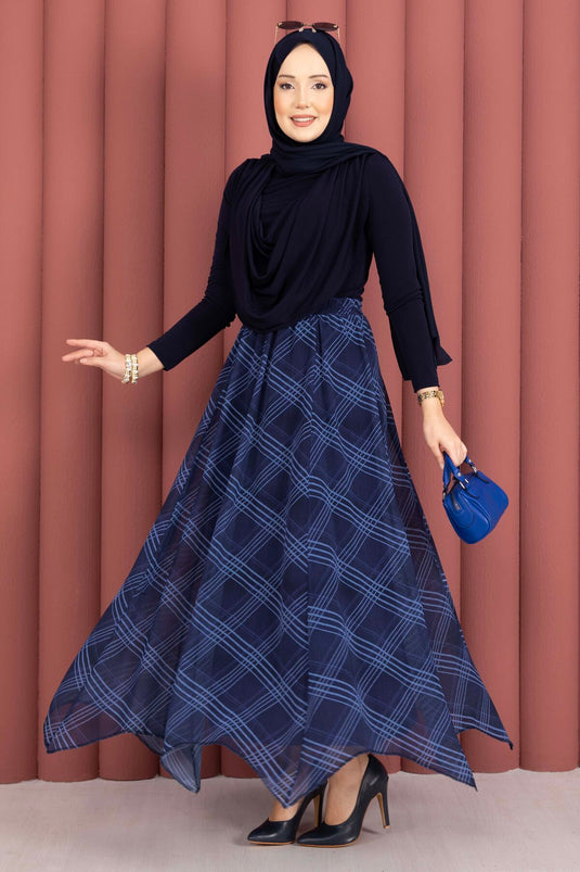 Checked Pattern Asymmetric Cut Chiffon Skirt Navy Blue