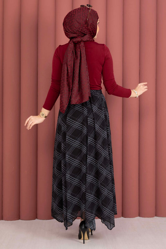 Checked Pattern Asymmetric Cut Chiffon Skirt Black