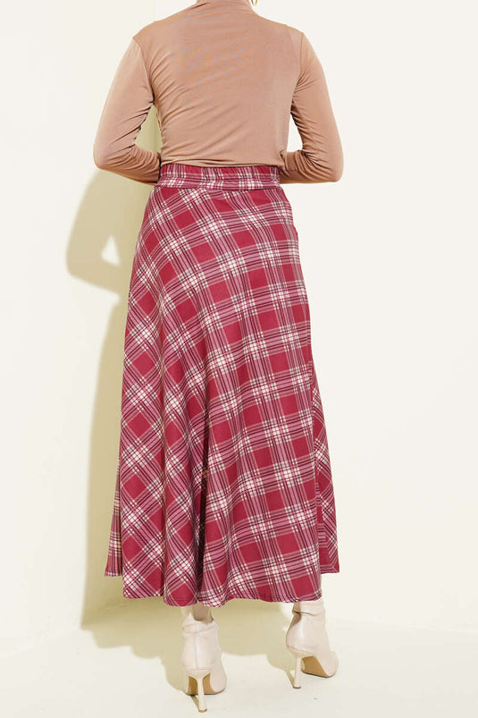 Gonna con motivo Ekose e cerniera in vita, bordeaux