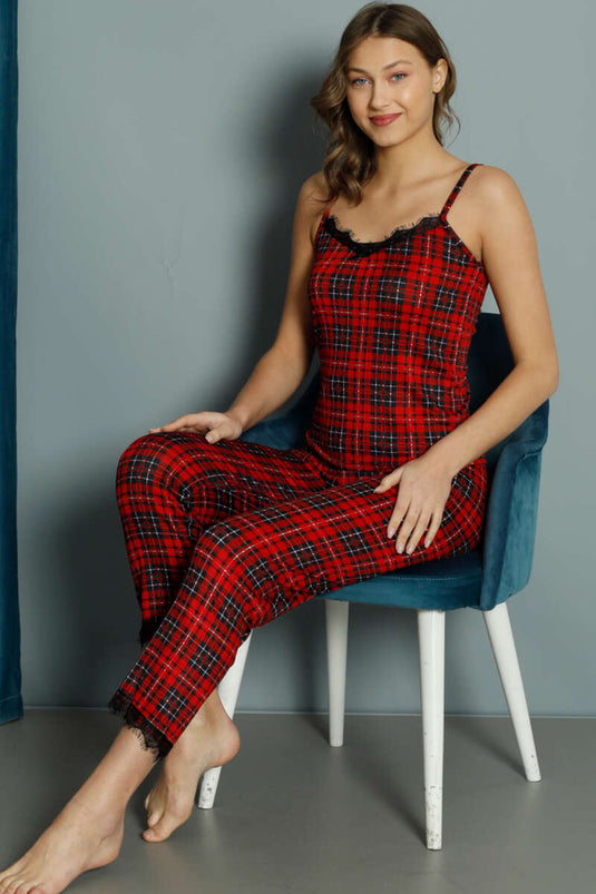 Ekose Desenli Dantelli İp Askılı Pijama Takımı Kırmızı
