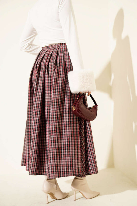 Ekose Desenli Düğmeli Kloş Etek Bordo