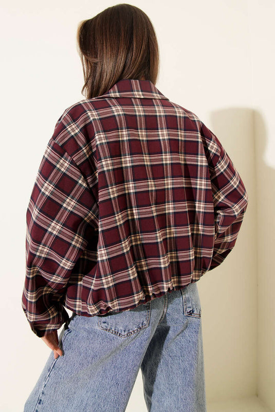 Veste courte zippée à motif écossais bordeaux