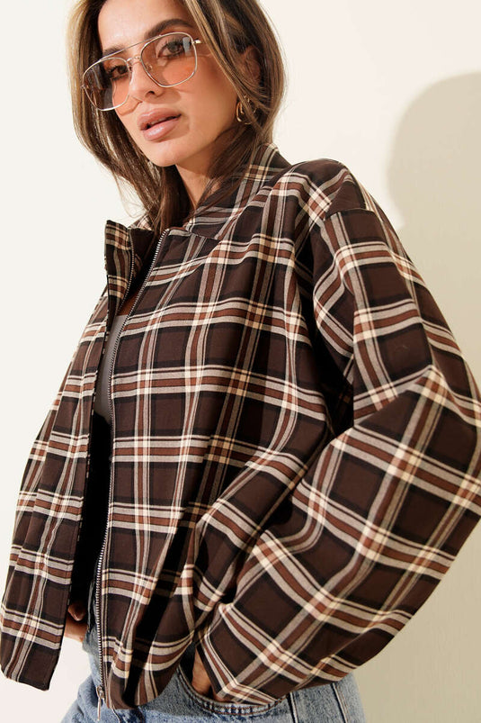 Checked Pattern Zippered Short Jacket Chestnut