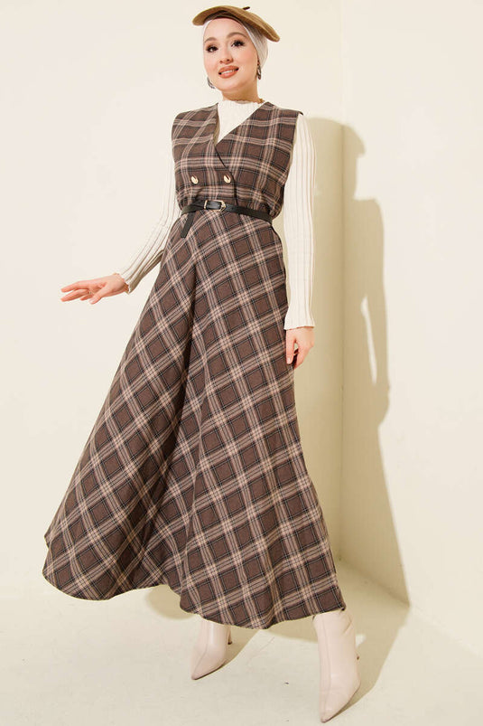 Plaid Belted Vest Dress, Brown