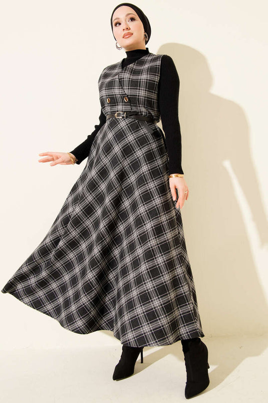 Plaid Patterned Belted Vest Dress Black