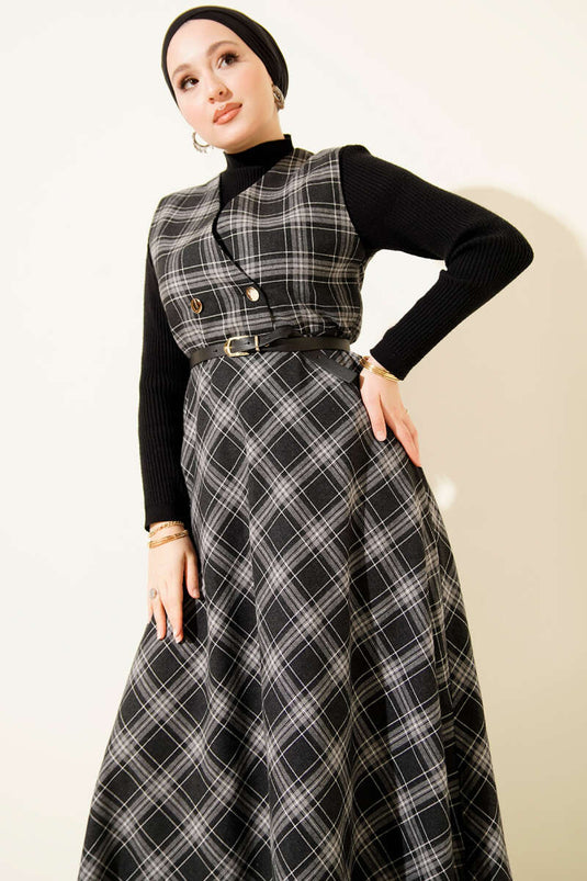 Plaid Patterned Belted Vest Dress Black